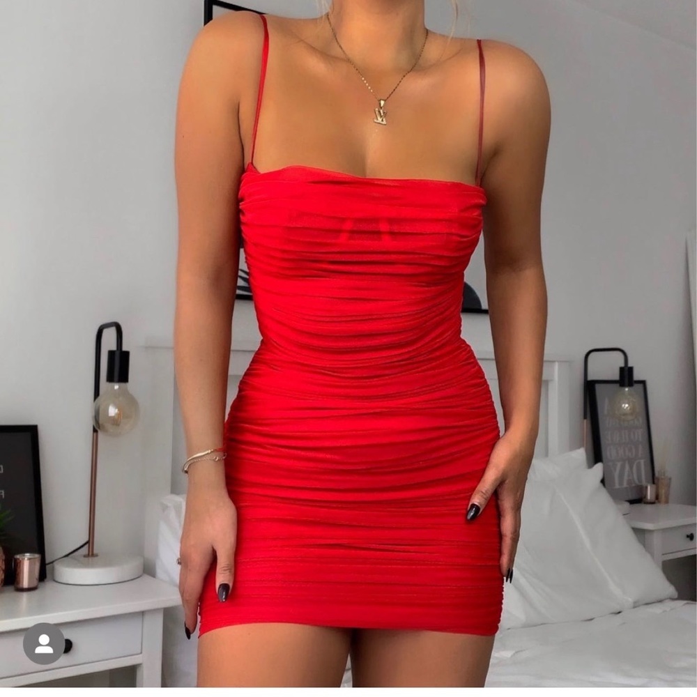 House of CB Ella Red Gathered Mesh Mini Dress Size Small $209 Retail Sexy Hot